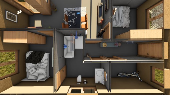 Raumaufteilung eines modernen Wohnraums mit Schlafzimmer, Bad und Büro.