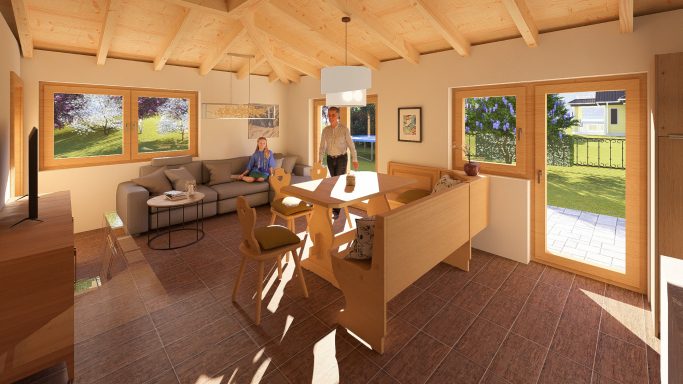 Heller Innenraum eines modernen Holzhauses mit Wohnzimmer, Essbereich und Fenstern.