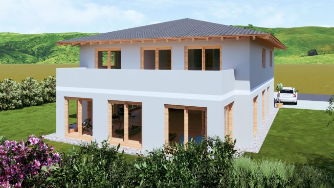 Modernes zweigeschossiges Haus mit großflächigen Fenstern und Gartenlandschaft.