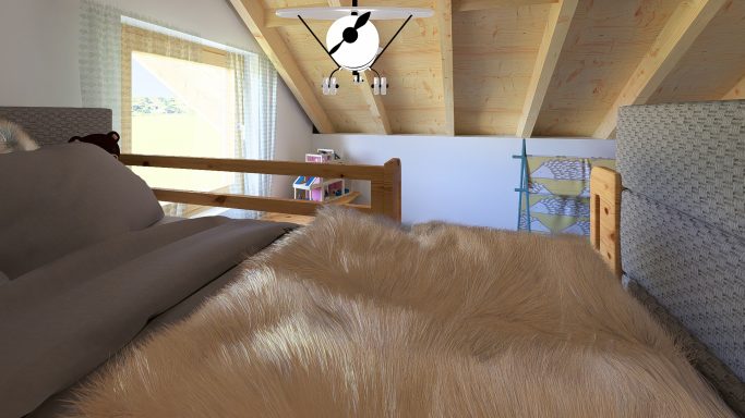 Gemütliches Schlafzimmer mit Holzdecke und Fenster, Blick auf das Bett und Deko.