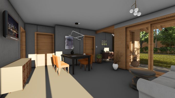 Helle Wohnraumansicht mit Fenster, Tisch, Stühlen und moderner Einrichtung.