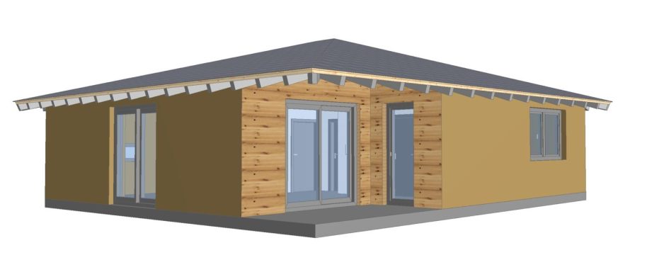 Holzhäuser mit modernen Fenstern und Satteldach, in neutralen Farben gehalten.