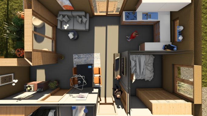 Grundriss einer modernen Wohnung mit Wohn- und Schlafbereichen.