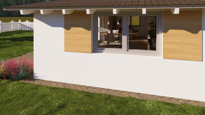 Haus mit weißen Wänden, geschlossenen Holzjalousien und einem gepflegten Garten.