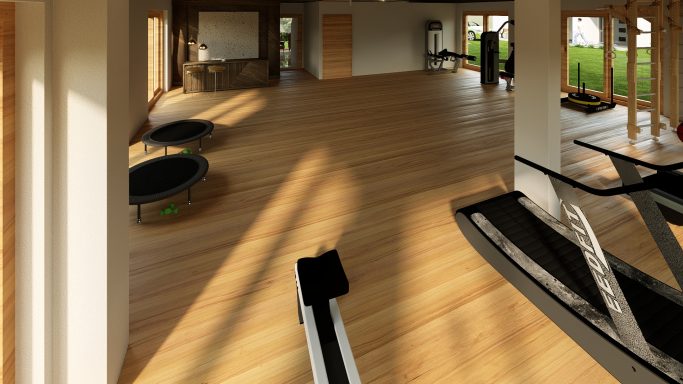 Helle, moderne Fitness- oder Yogastudio mit Holzfußboden und großen Fenstern.