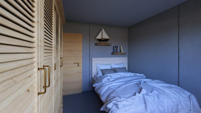 Helles Schlafzimmer mit Holzschränken, Bett und maritimer Dekoration.