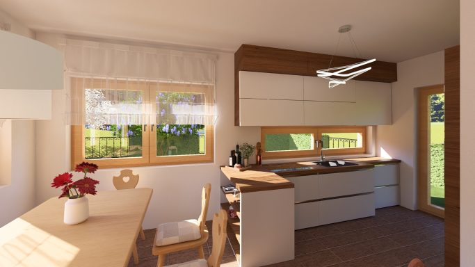 Moderne Küche mit Holzdetails, Tisch und Fenstern mit Blick ins Freie.
