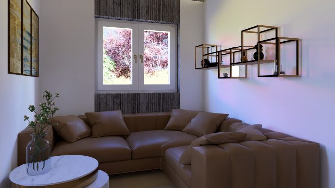 Moderner Wohnraum mit braunem Sofa, runden Tisch und Regalen an der Wand.