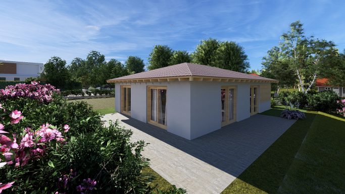 Ein modernes, einstöckiges Haus umgeben von Bäumen und Blumen im Freien.