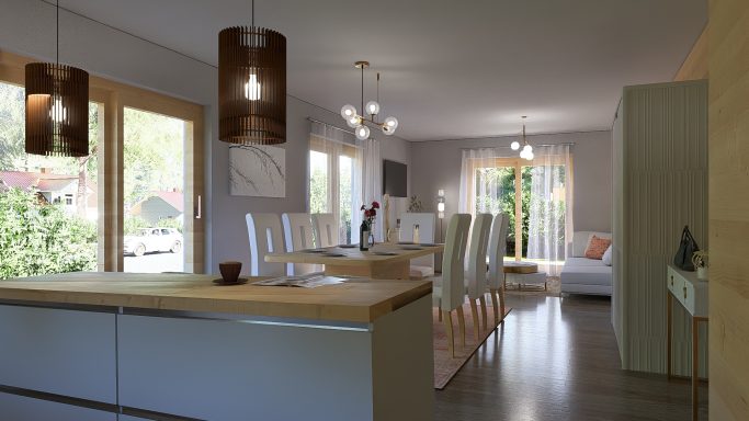 Modernes Wohnzimmer mit offener Küche, Esstisch und viel natürlichem Licht.