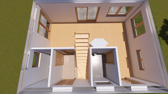 Grundriss eines Hauses - Einfamilienhaus-  mit Wohnzimmer, Küche, Treppe und mehreren Fenstern.