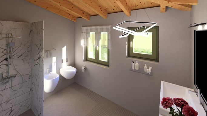 Moderner Badezimmerraum mit zwei Toiletten, Dusche und Fenster mit Blick ins Grüne.