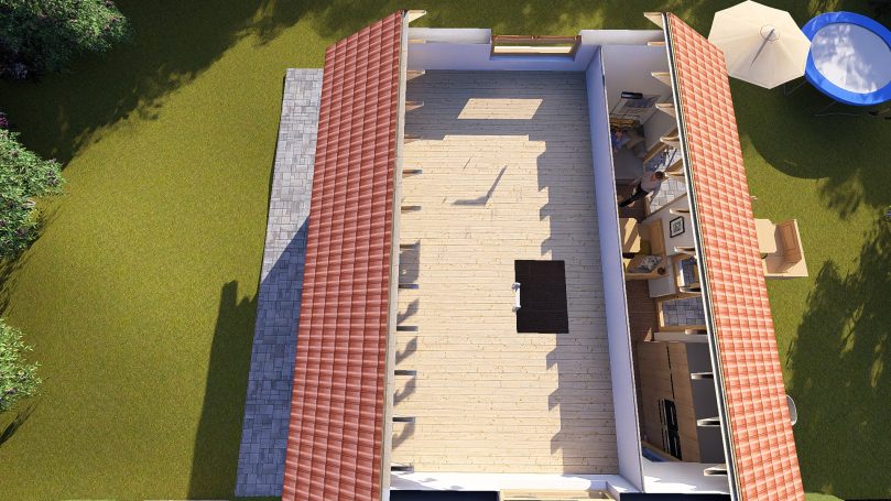 Entwurf eines modernen Hauses mit offenem Innenraum und Terrasse.