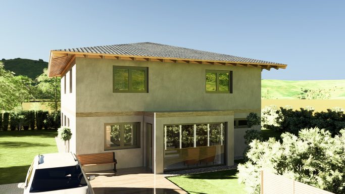 Modernes zweistöckiges Haus mit großen Fenstern und umgeben von Grünflächen.