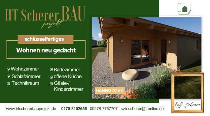 Werbebanner von HT Scherer BAUprojekt: Schlüsselfertiger Bungalow HANNO mit 70 m² Wohnfläche mit moderner Holzfassade und Terrasse