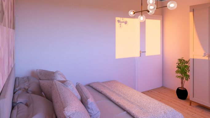 Minimalist Schlafzimmer mit Bett, Fenster und einer Pflanze in natürlichem Licht.