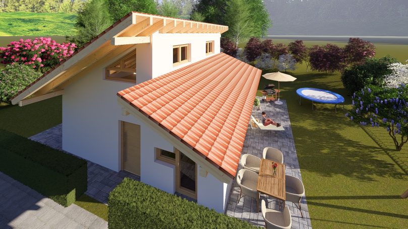 Einfamilienhaus mit rotem Dach, Gartenmöbeln und Pool in einer blühenden Umgebung.