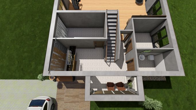 Grundriss eines modernen Hauses mit einem offenen Wohnbereich und mehreren Räumen.