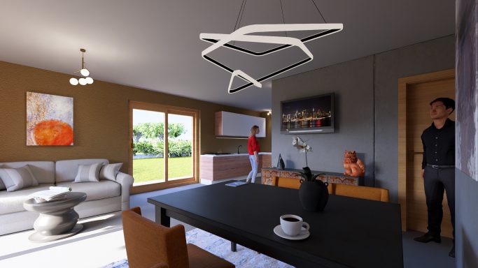 Modernes Wohnzimmer mit eleganter Beleuchtung, Sofa, Essbereich und großen Fenstern.