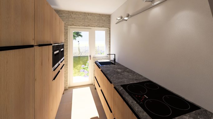 Moderne Küche mit Holzschränken, Kochfeld und Terrassentüren zur Aussicht.