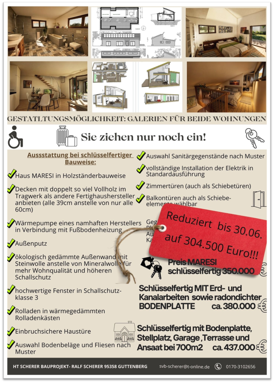 Infografik zum reduzierten Aktionspreis für den barrierefreien Bungalow Maresi in Holzständerbauweise mit schlüsselfertiger Ausstattung, Bau