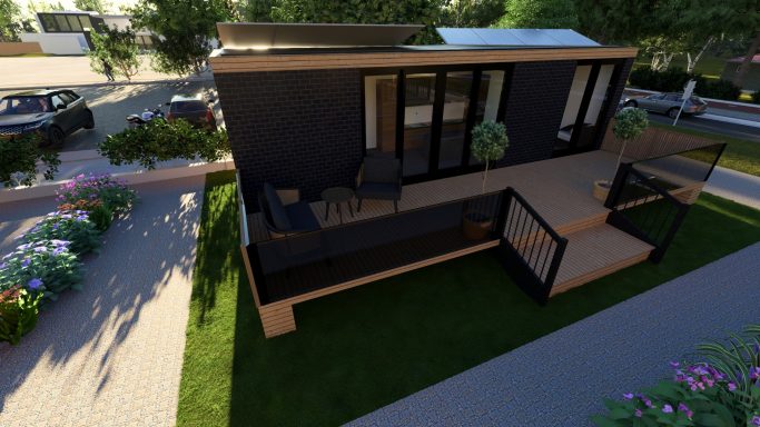 Moderne, einfarbige Wohnkabine mit Terrasse und umliegendem Garten.