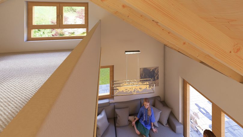 Helle, moderne Innenansicht eines kleinen Hauses mit Wohnbereich und Dachschrägen.