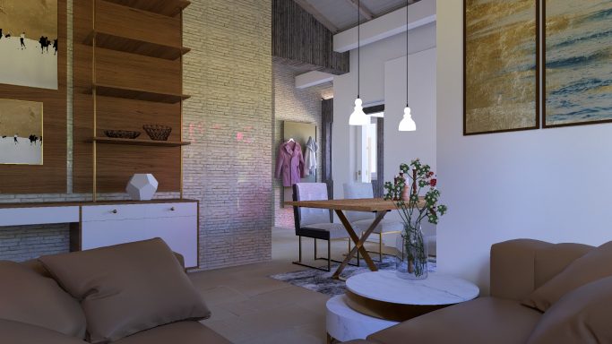 Modern Wohnzimmer mit neutralen Farben, Holzregalen und einem Essbereich.