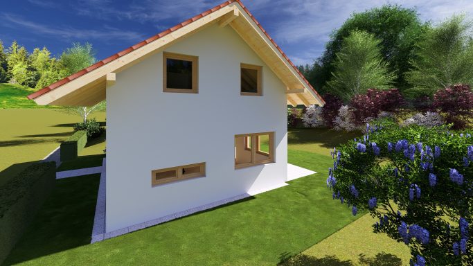 Modernes zweigeschossiges Haus mit Garten und Bäumen im Hintergrund.