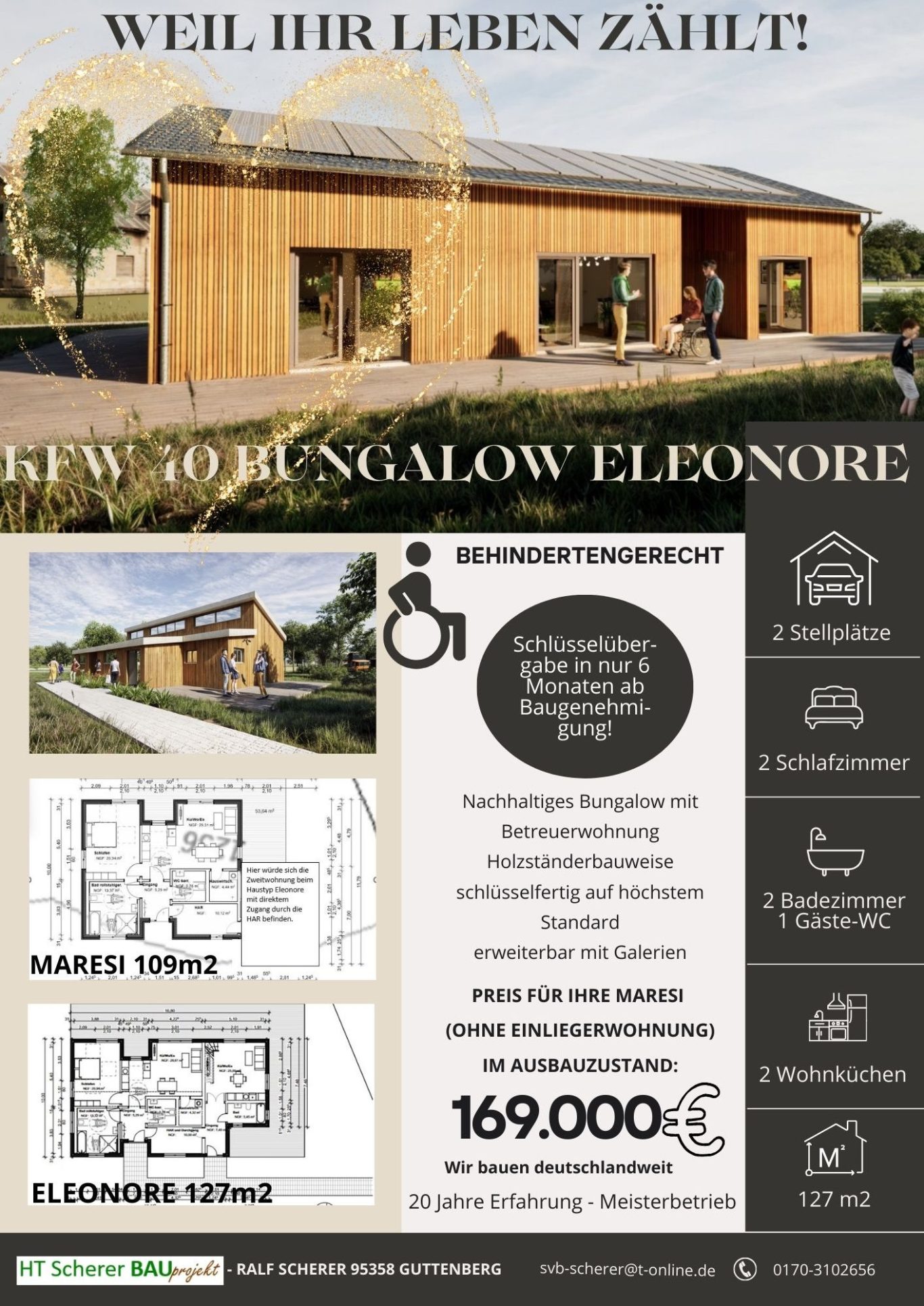 Werbeanzeige für den barrierefreien KfW-40-Bungalow Eleonore in Holzständerbauweise mit Einliegerwohnung, Grundrissdarstellung, Ausstattung