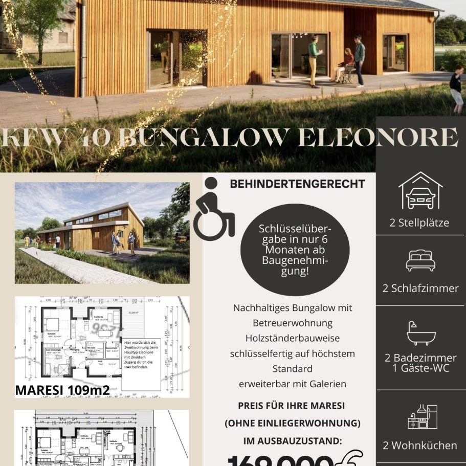 Holzbungalow Eleonore mit barrierefreier Gestaltung und Grundriss. Garten und Eingang sichtbar.