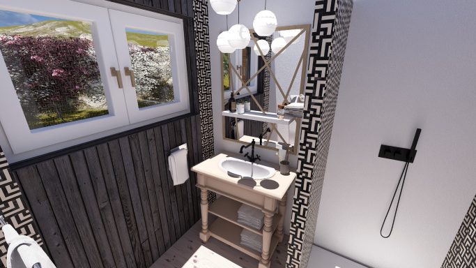 Moderne Badezimmeransicht mit Spiegel, Lampe und Waschtisch vor einer Wand mit Bildern.