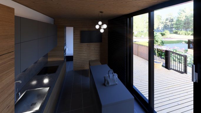 Moderne Küche mit Holzdetails, großen Fenstern und Blick auf eine Terrasse.
