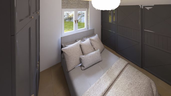 Modern Schlafzimmer mit Bett, Kissen und Fenster zur natürlichen Beleuchtung.